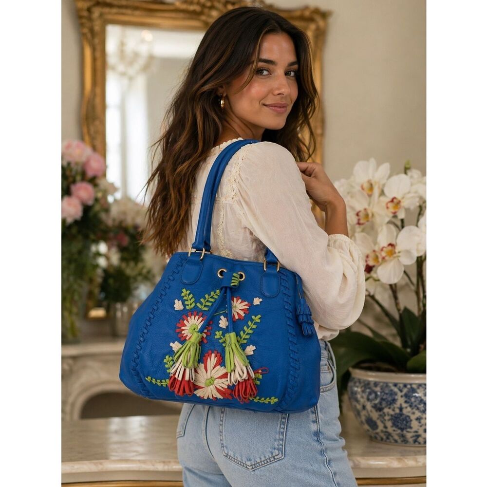 Isabella Fiore Blue Leather Floral Embroidered Shoulder Bag